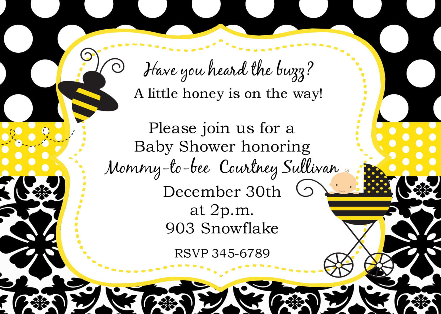Black And Yellow Bumble Bee Baby Shower Invitation Templates