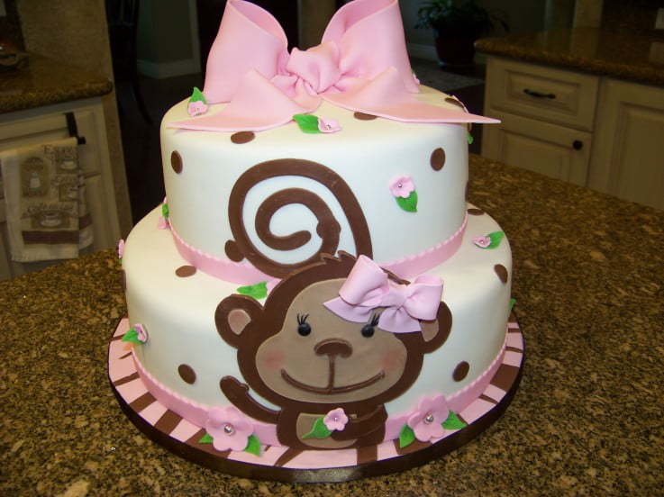 Pink Monkey Themed Baby Shower Cake For Girls