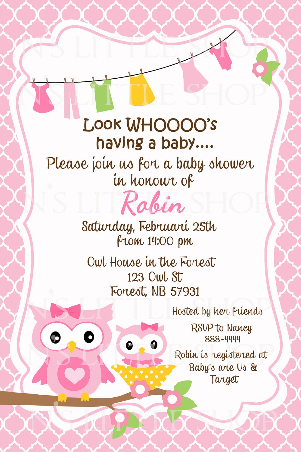 Pink Owl Baby Shower Cards For Baby Girls