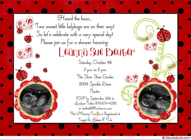Red Ladybug Twin Baby Shower Invitation
