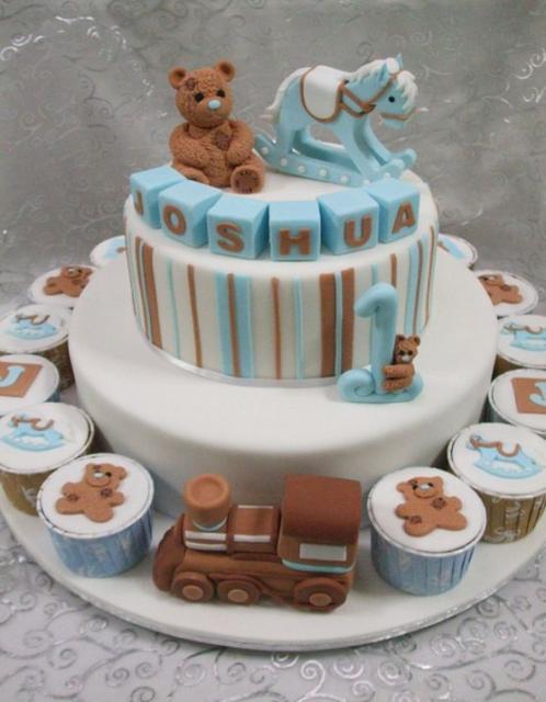 Blue And White Teddy Bear Baby Shower Cake