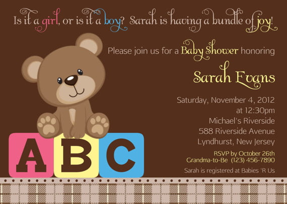Brown Teddy Bear ABC Baby Shower Invitation Templates