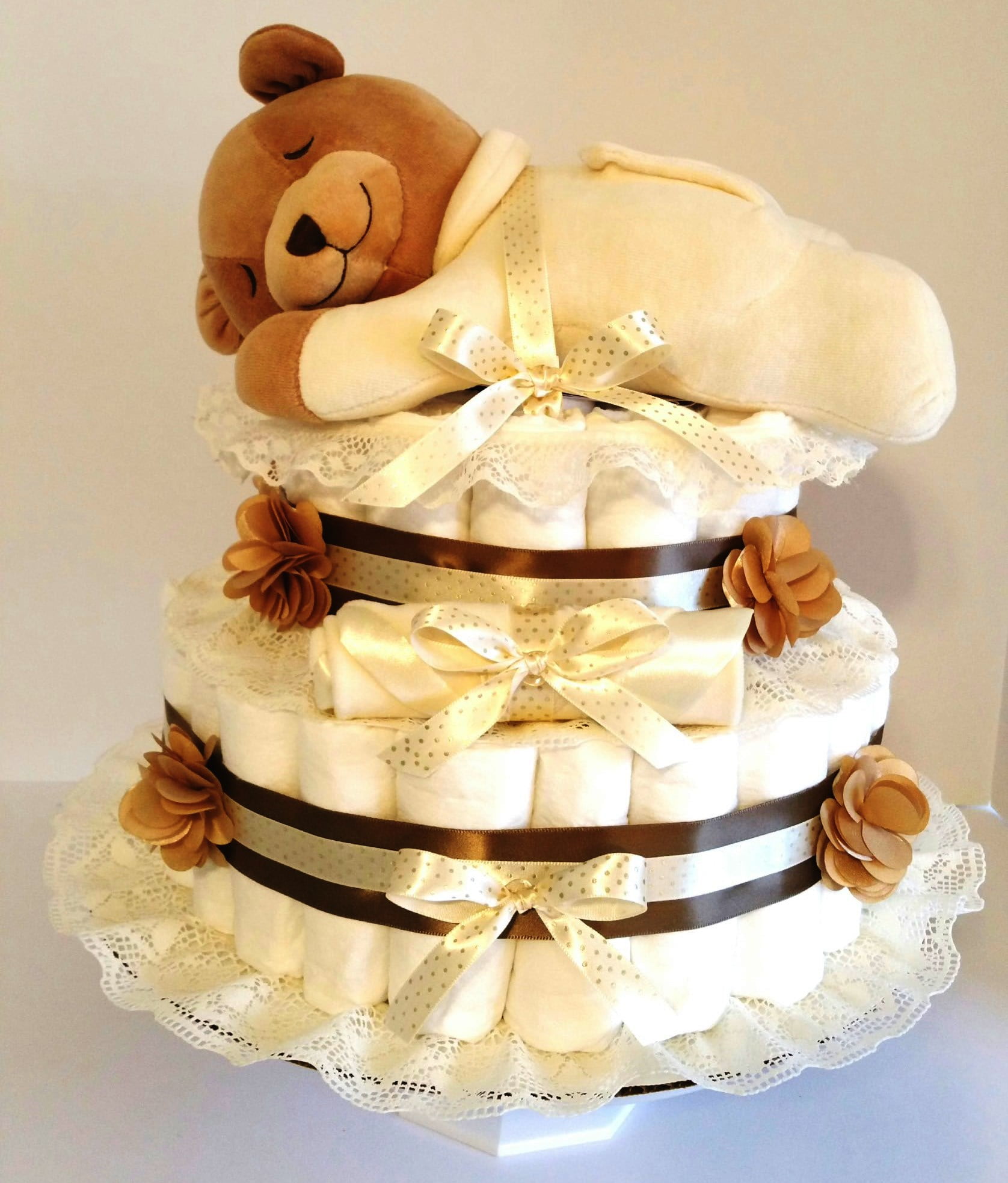 Gender Neutral Slumber Bear Baby Shower Diapers Cake