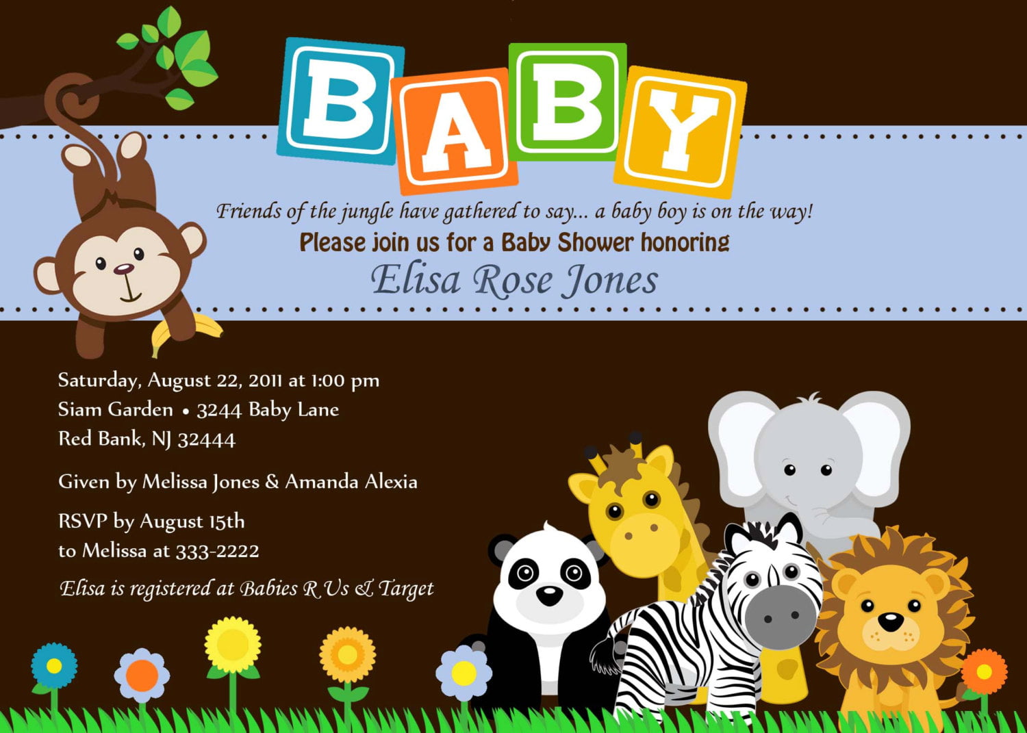 Jungle Animal Safari Baby Shower Invitation Templates