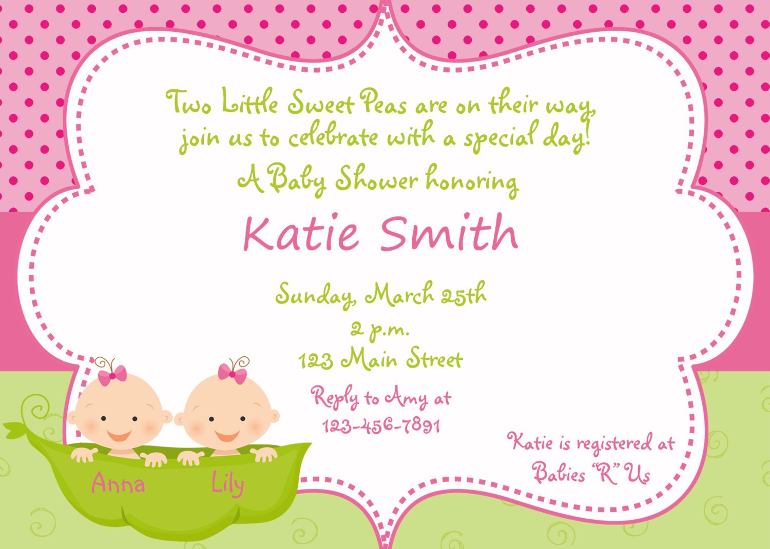 Pea In A Pod Themed Twins Baby Shower Invitation Templates