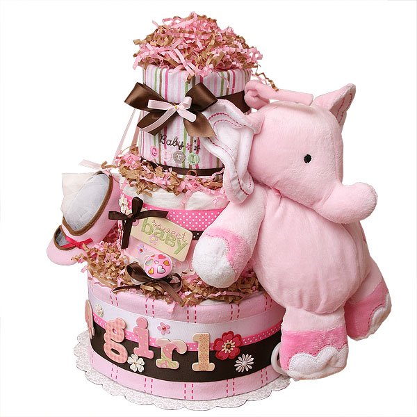Pink Baby Elephant Baby Shower Diaper Cakes For Girls