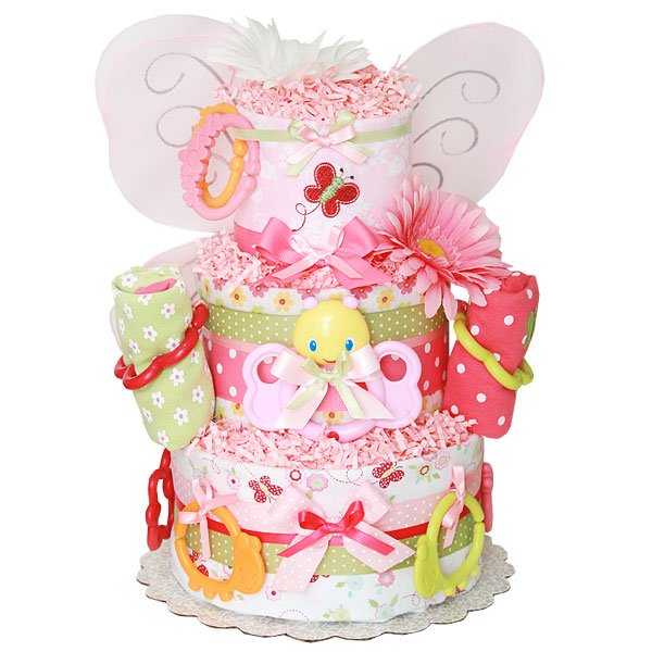 Pink Floral Butterfly Themed Baby Shower Diapers Cake