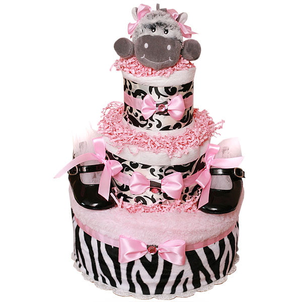 Pink Zebra Girl Baby Shower Diapers Cake Design