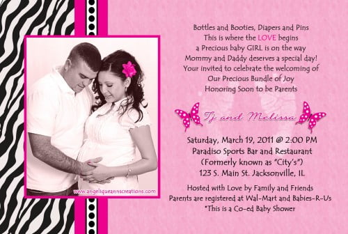 Pink Zebra Print Baby Shower Invitation Wording