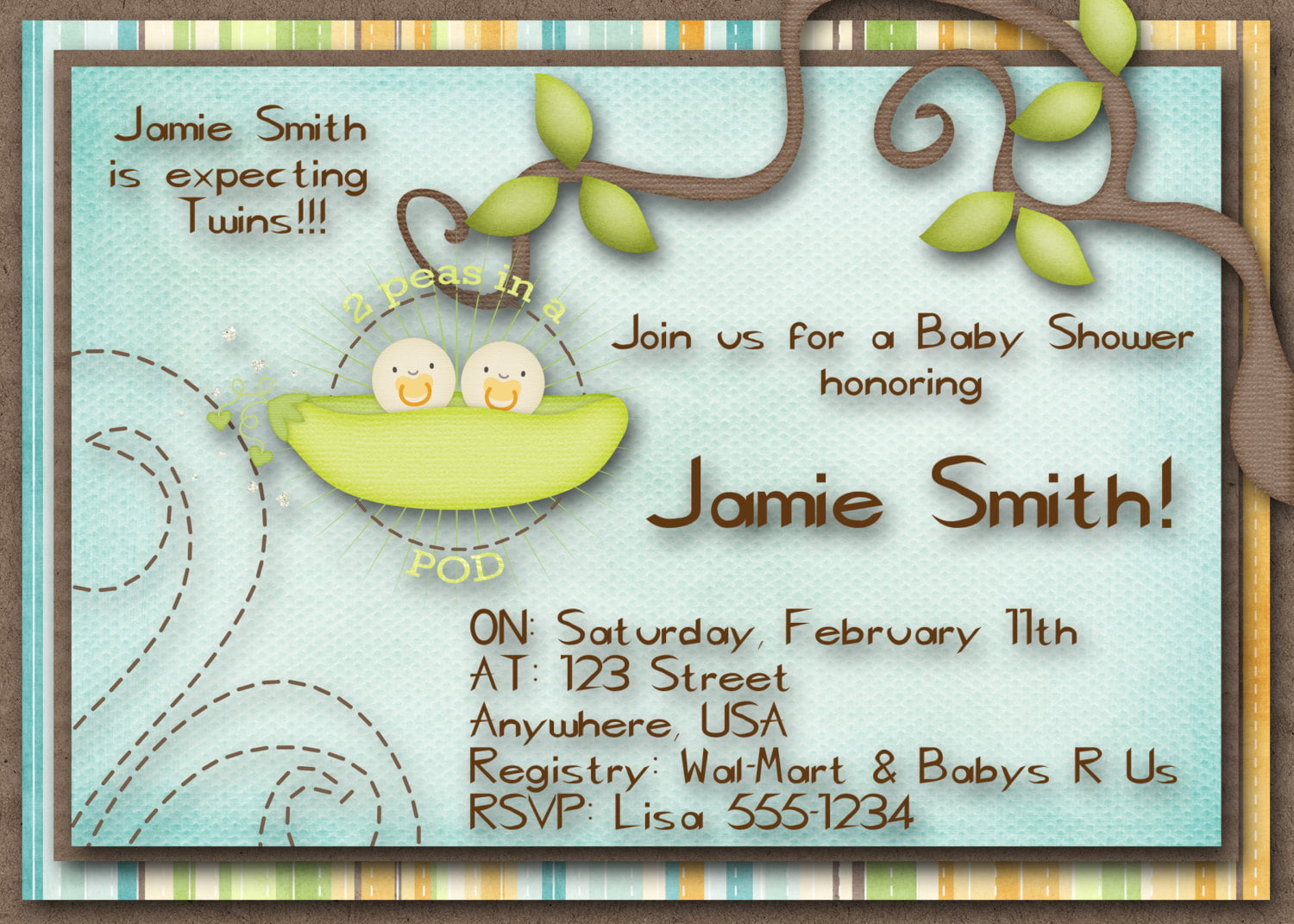 Two Peas In a Pod For Twin Baby Shower Invitation Templates