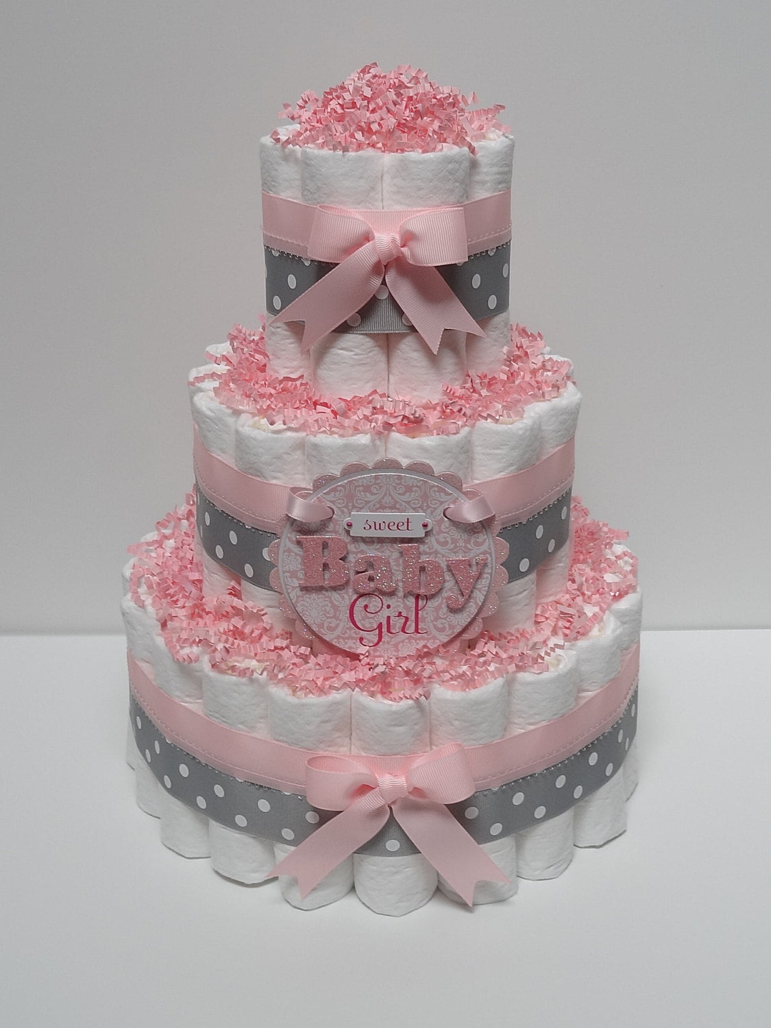 DIY Pink And Grey Diaper Cakes For Baby Showers