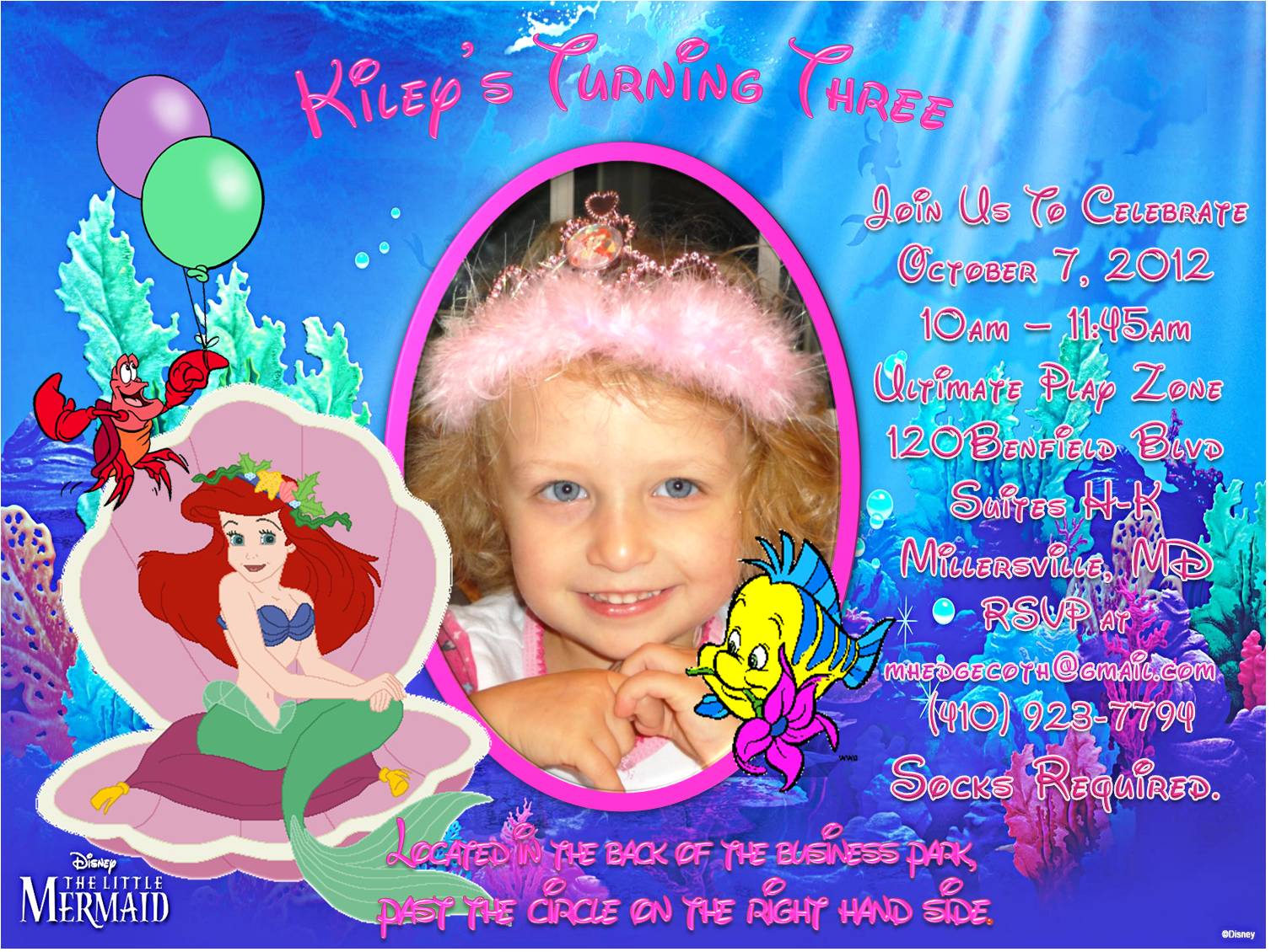 Personalized The Little Mermaid Birthday Invitation Custom Photo
