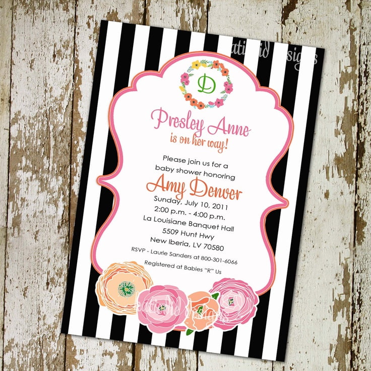 stripped black and white baby shower invitations