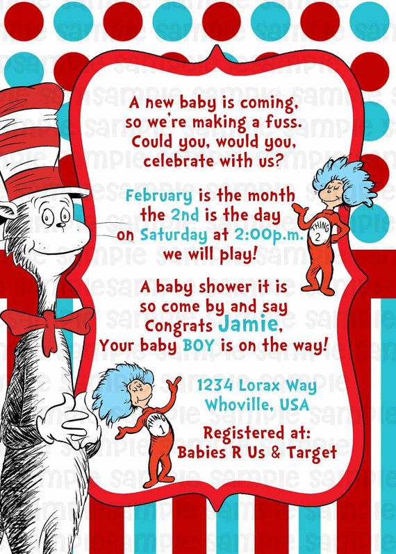blue stripped red cat in the hat baby shower invitations