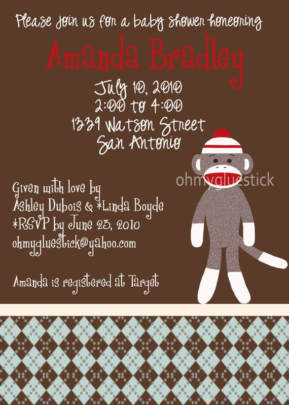 brown red sock monkey baby shower invitations