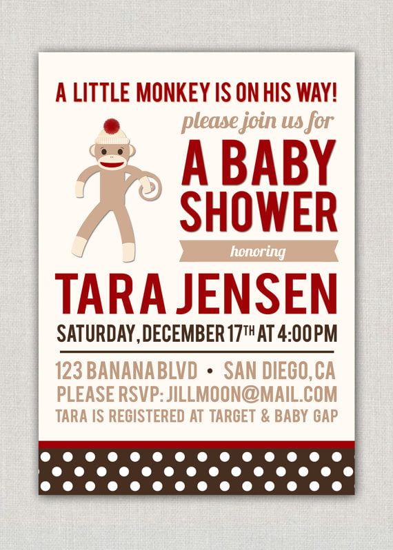 word sock monkey baby shower invitations