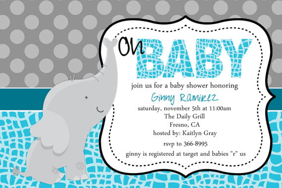 gray elephant baby shower invitations