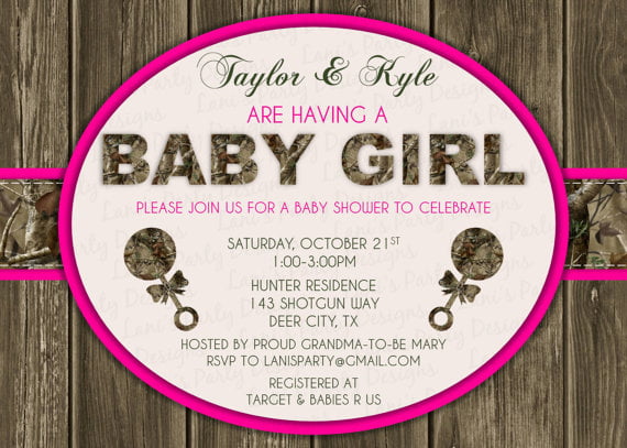 circle pink camo baby shower invitations