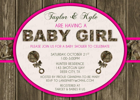 circle pink camo baby shower invitations