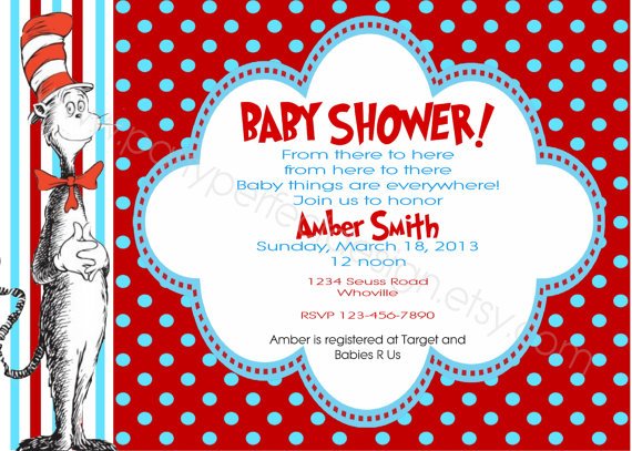 polka dots cat in the hat baby shower invitations