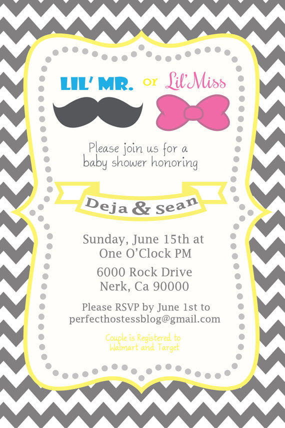 mustache yellow and gray baby shower invitations