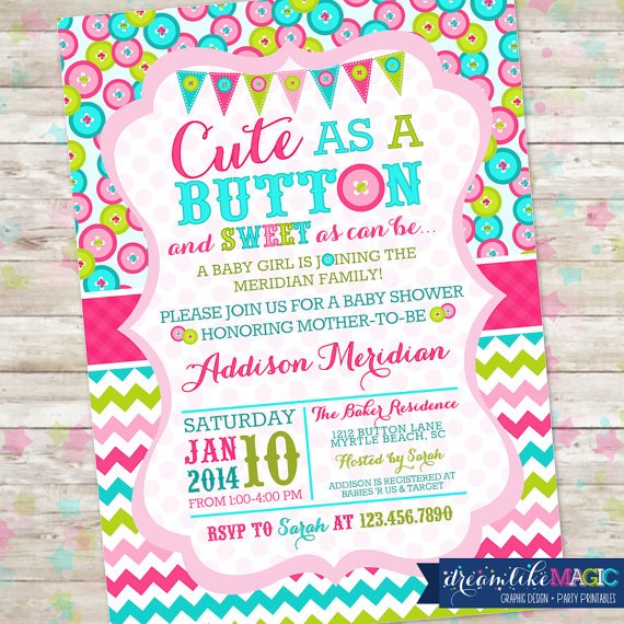 colorful cute as a button baby shower invitations
