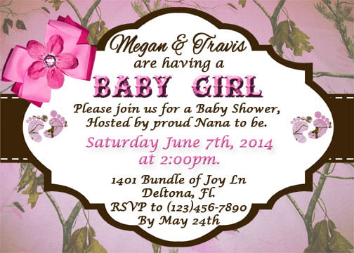 flower pink camo baby shower invitations
