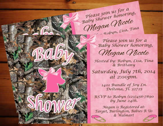 motif pink camo baby shower invitations