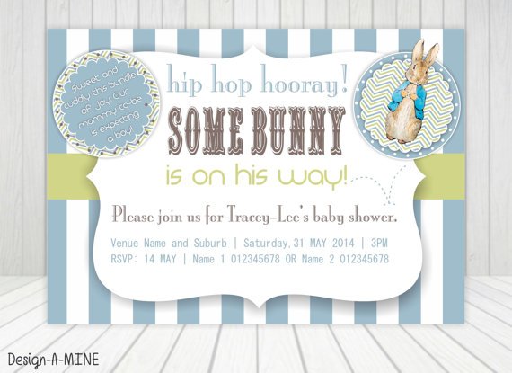blue and white stripped peter rabbit baby shower invitations