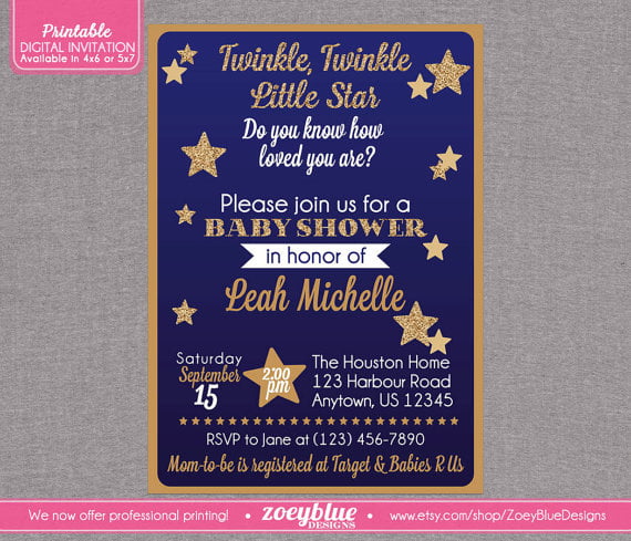 purple twinkle twinkle little star baby shower invitations