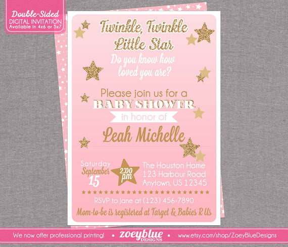 pink twinkle twinkle little star baby shower invitations