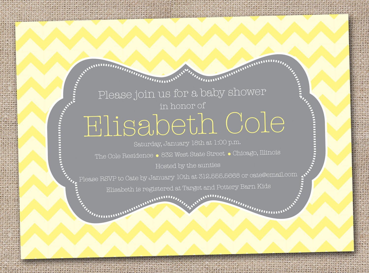 chevron yellow and gray baby shower invitations