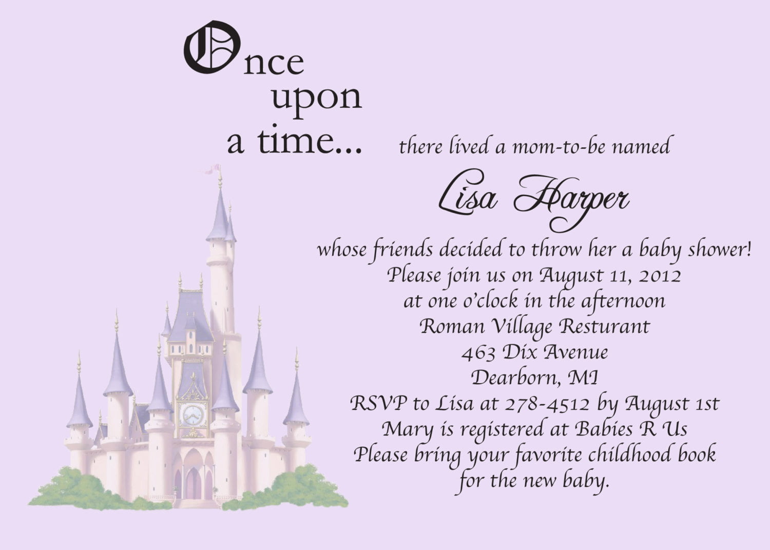 castle once upon a time baby shower invitations