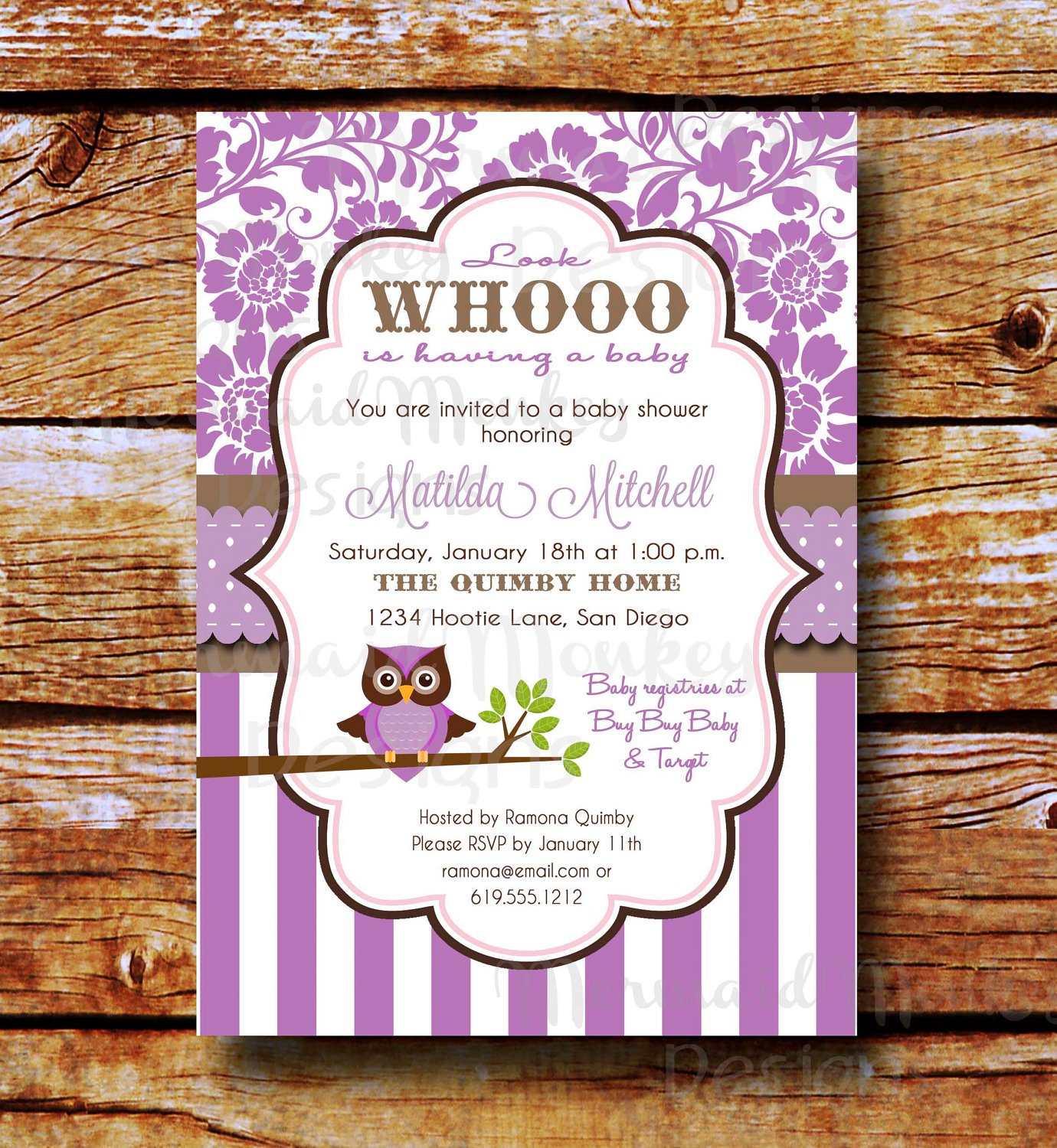 damask owl baby shower invites