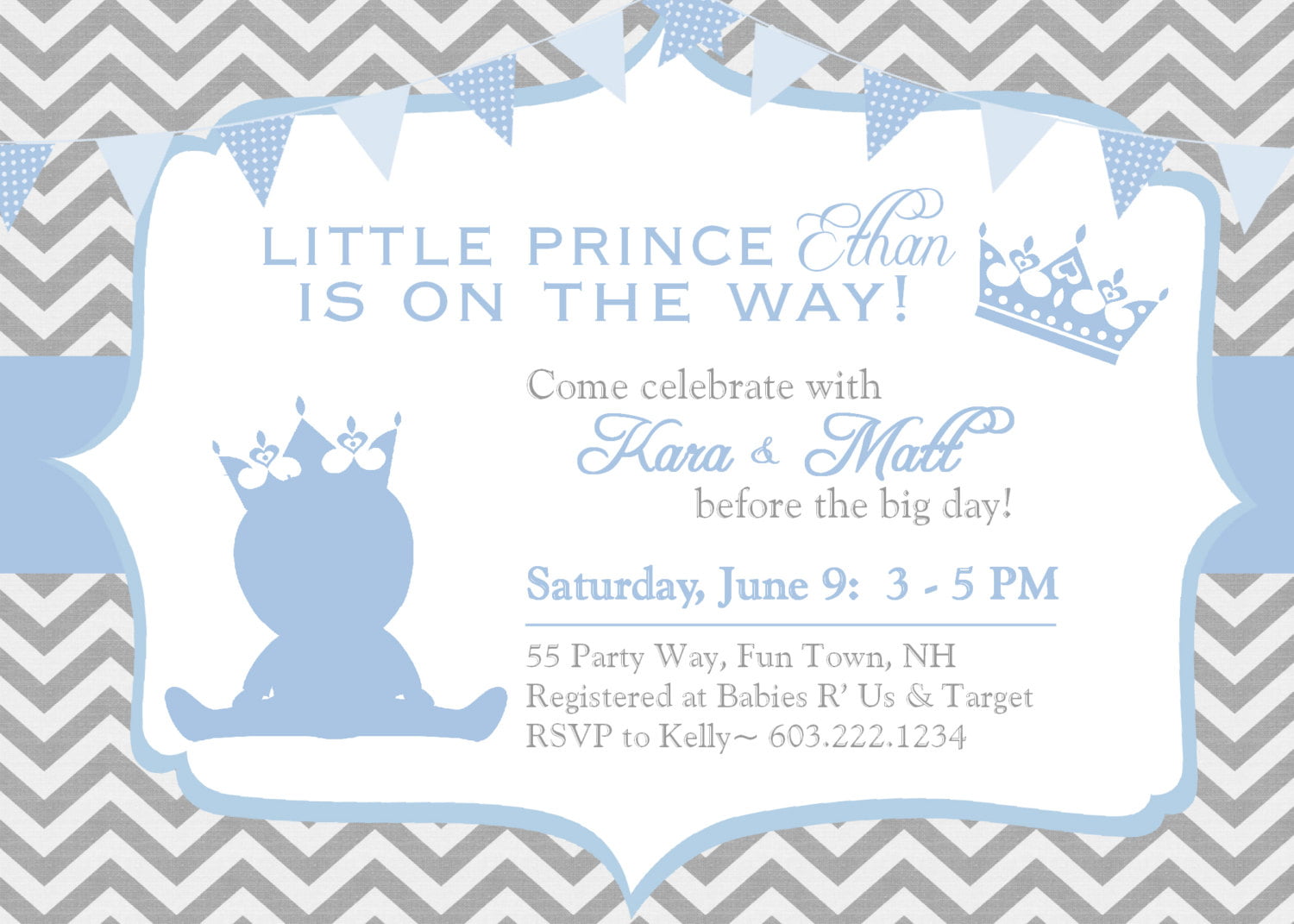 blue prince theme baby shower invitations
