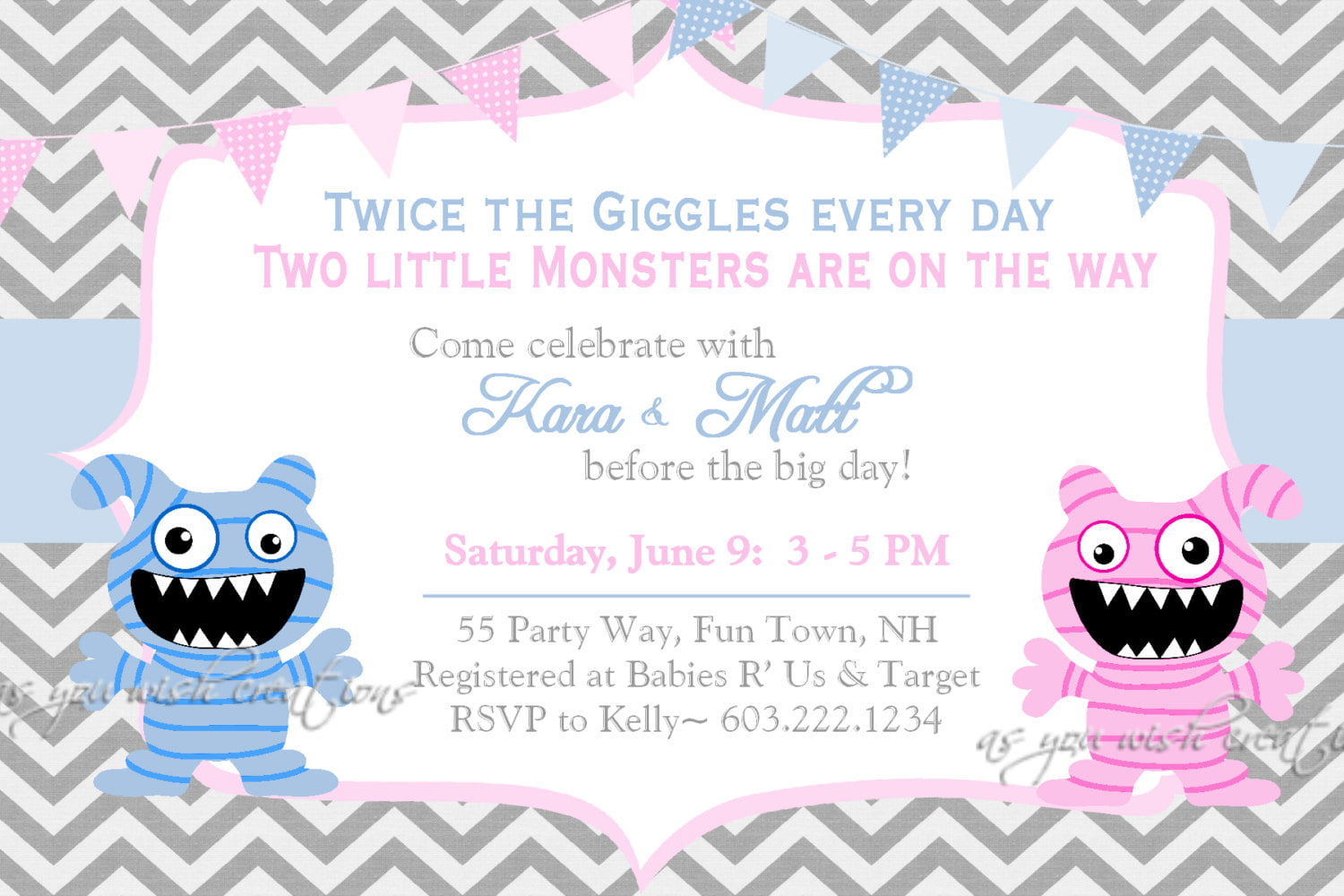 monster twin girl baby shower invitations
