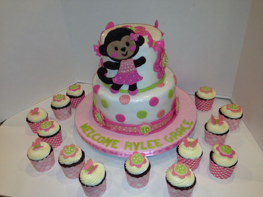 Pink Monkey Baby Shower Cake And Cupcakes For Girls