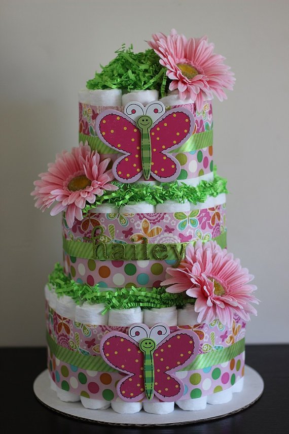 3 Tier Butterfly Themed Baby Shower Diapers Cake