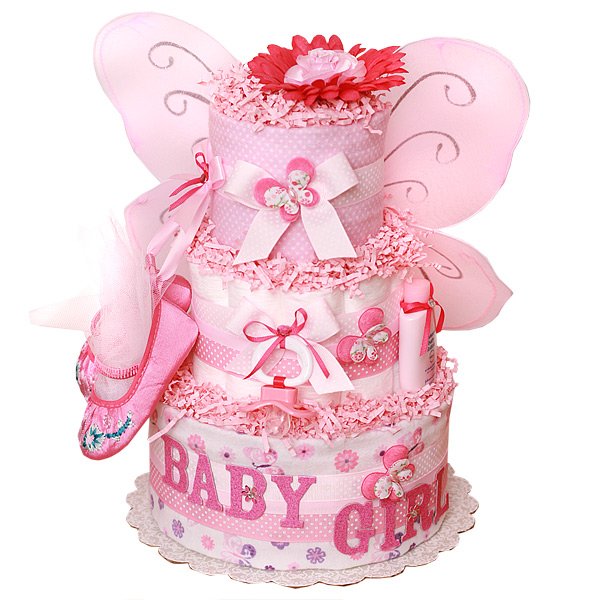 Hot Pink Butterfly Themed Baby Shower Diapers Cake