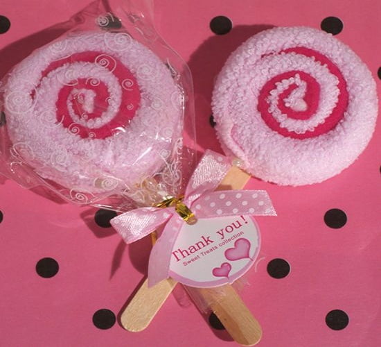Inexpensive Pink Washcloth Lolypop Baby Shower Favors