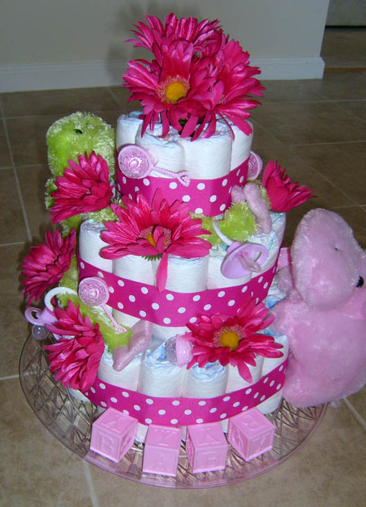 Pink Florist Baby Shower Diapers Cake For Girls
