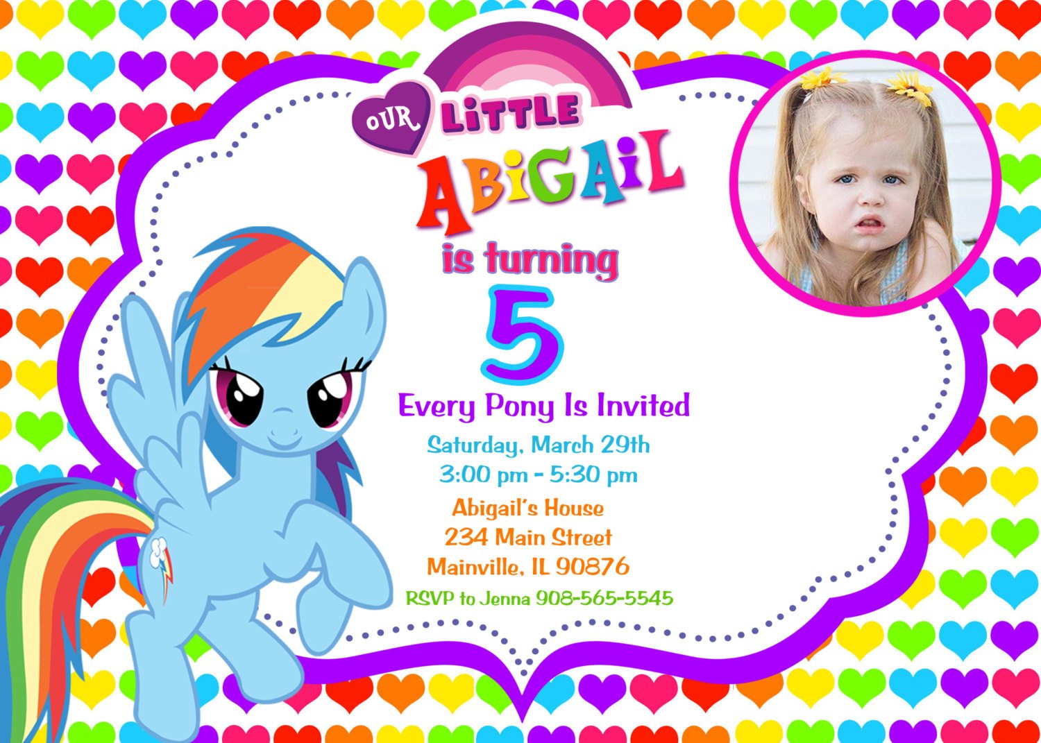 Rainbow Design My Little Pony Birthday Party Invitation Custom Photo