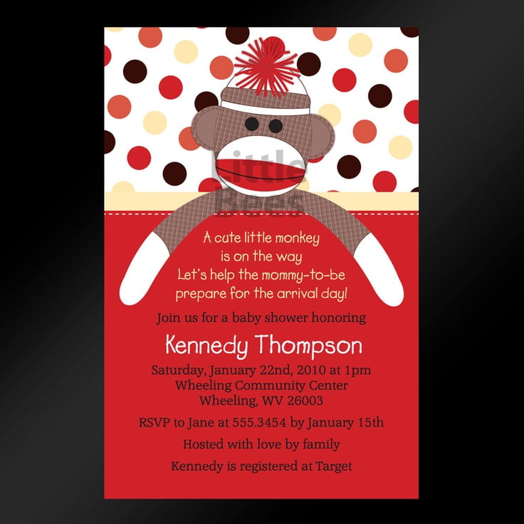 red sock monkey baby shower invitations
