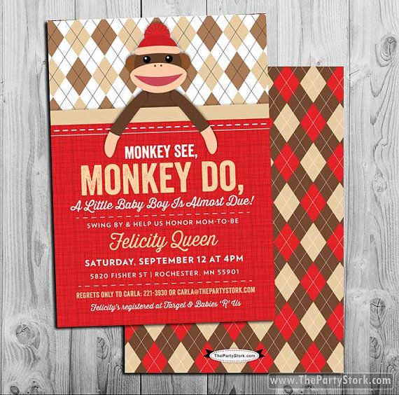 card red sock monkey baby shower invitations