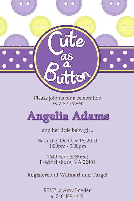 purple cute as a button baby shower invitations