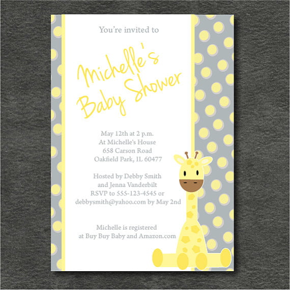 polka dots yellow and gray baby shower invitations