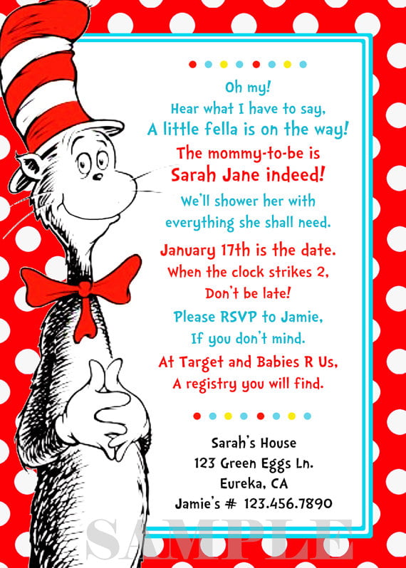 red cat in the hat baby shower invitations