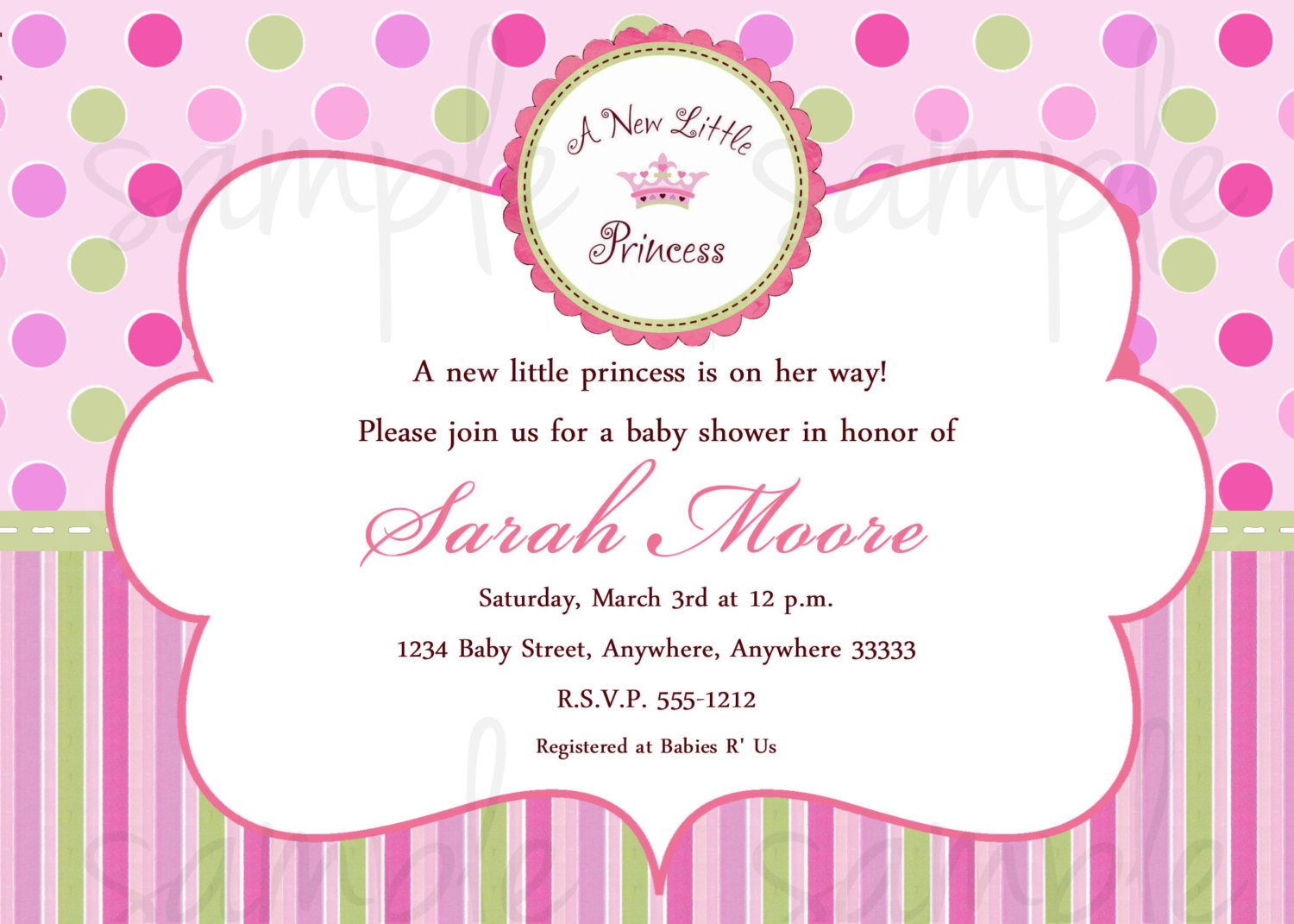 polka dots princess theme baby shower invitations