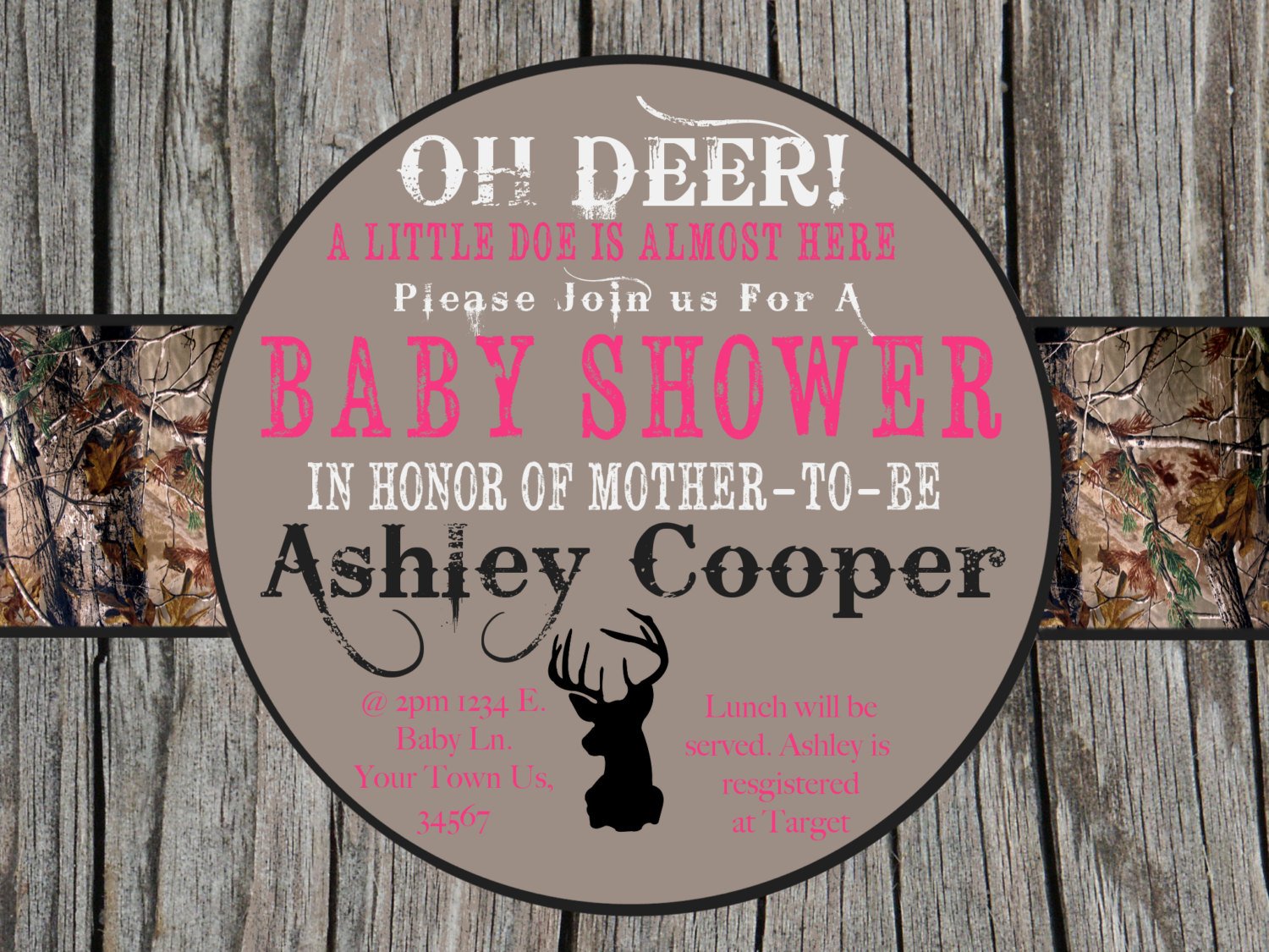 wooden pink camo baby shower invitations