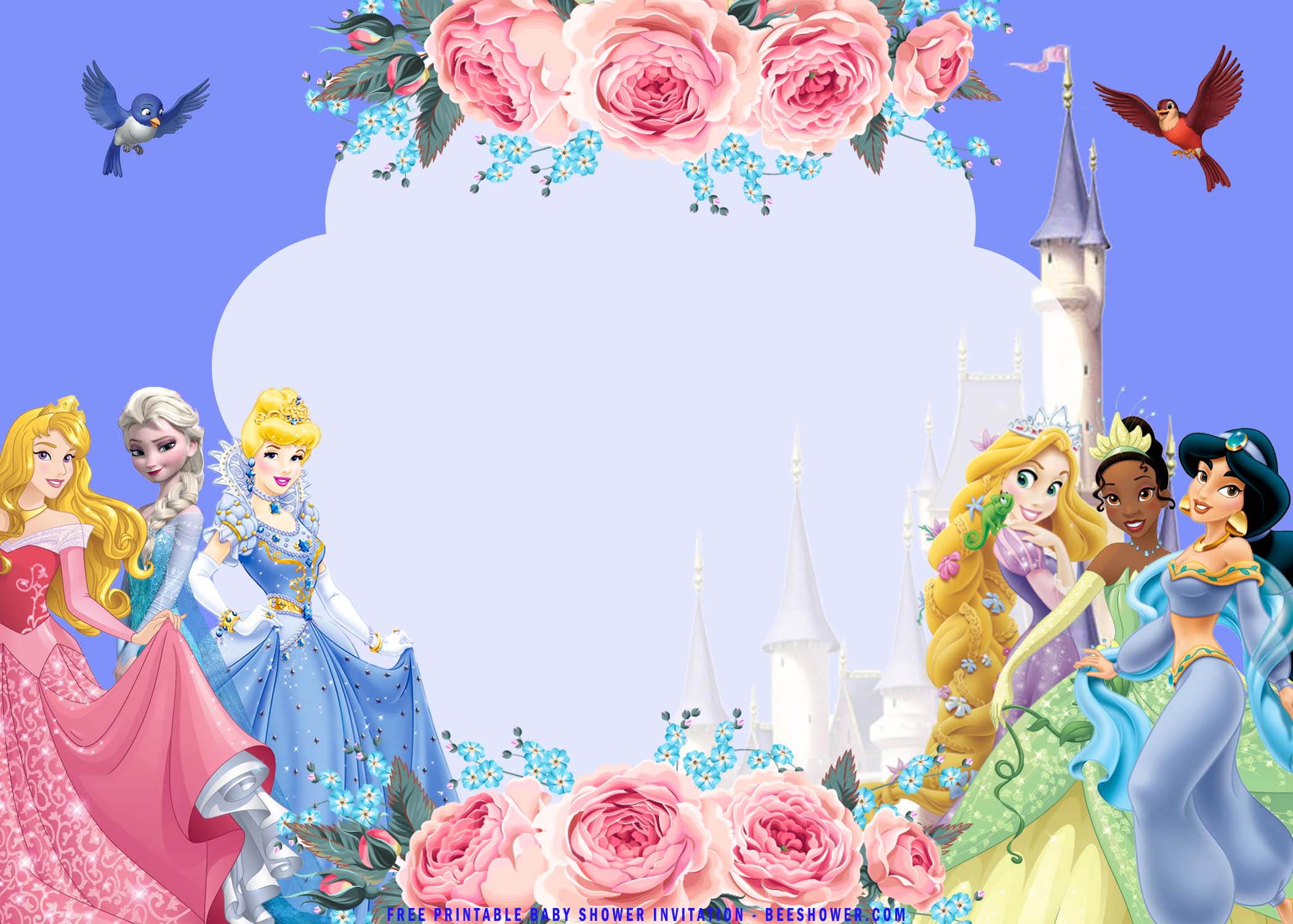 (FREE Printable) Floral Disney Princess Baby Shower Invitation